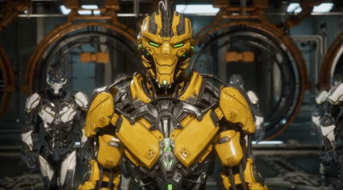 Bande-annonce de lancement de Mortal Kombat 11 Personnage de Mortal Kombat 11 portant une armure jaune dans la bande-annonce de lancement