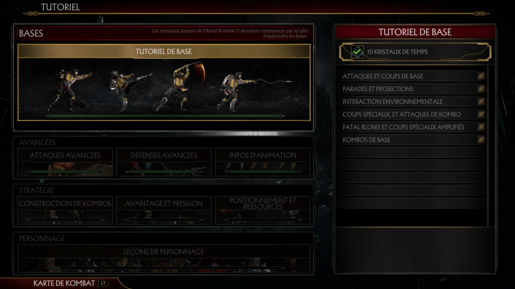 L'écran des tutoriels de Mortal Kombat 11 à l'occasion d'un test