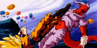 Le personnage de Dragon Ball Z Janemba se prenant un coup par Son Goku
