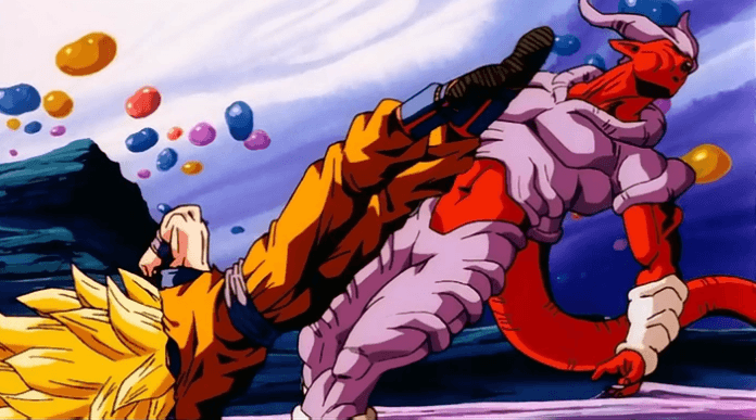 Le personnage de Dragon Ball Z Janemba se prenant un coup par Son Goku