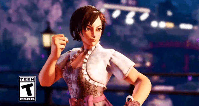 Le personnage de Street Fighter V Sakura dans un costume additionnel robe de soirée