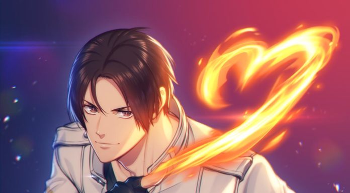 Le héros de The King of Fighters Kyo Kusanagi dessinant un coeur en flamme
