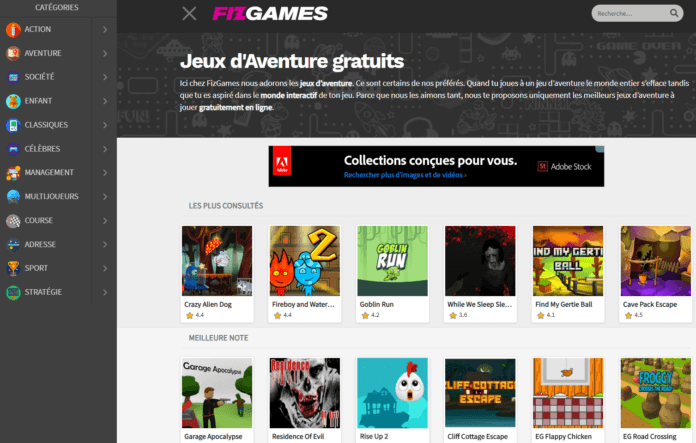 Une sélection de jeux d'aventure en ligne gratuits du site internet fizgames.com