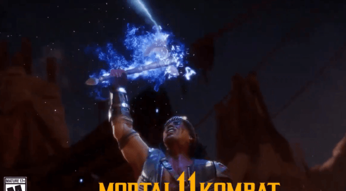 Le personnage Nightwolf de Mortal Kombat 11 qui brandit un tomahawk