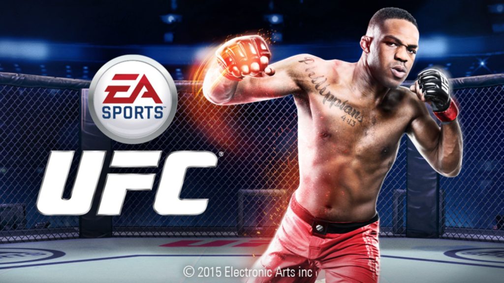 Le logo du jeu UFC de l'éditeur Electronic Arts avec un boxeur à short rouge