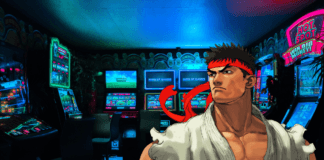 Le personnage de Street Fighter Ryu devant des machines à sous