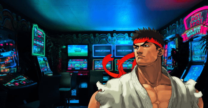 Le personnage de Street Fighter Ryu devant des machines à sous