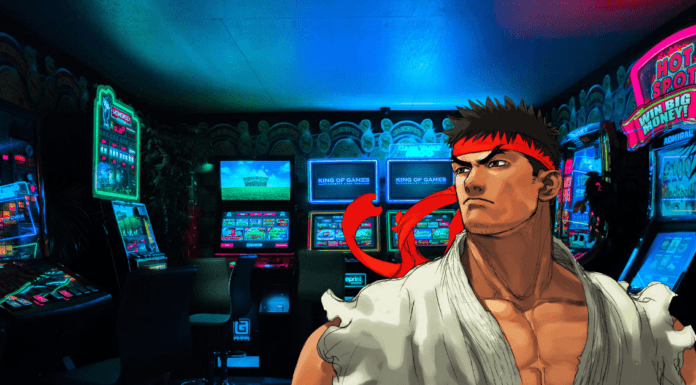 Le personnage de Street Fighter Ryu devant des machines à sous
