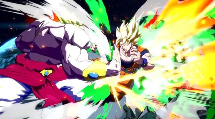 Le personnage de Dragon Ball FighterZ Broly en train d'attaquer Son Goku