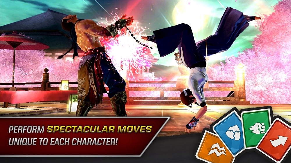 Deux combattants du jeu Tekken Mobile : celui de droite donne un coup de pied renversé à son adversaire