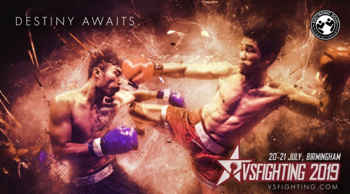 Le logo du tournoi anglais VSFighting pour 2019 avec deux combattants asiatiques échangeant des coups