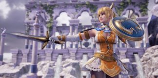 Le personnage de SoulCalibur VI Cassandra qui brandit son épée et son bouclier