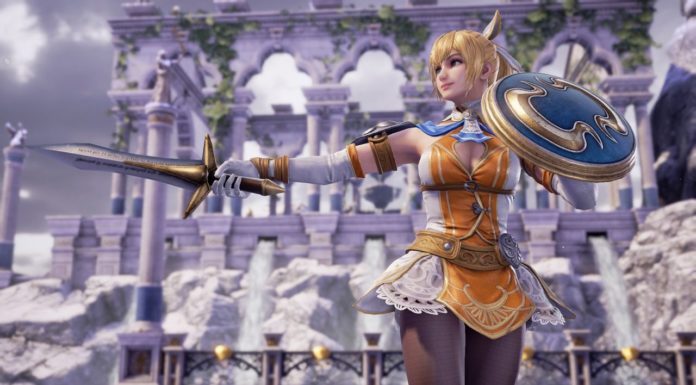 Le personnage de SoulCalibur VI Cassandra qui brandit son épée et son bouclier