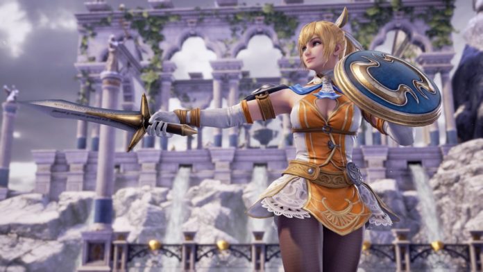 Le personnage de SoulCalibur VI Cassandra qui brandit son épée et son bouclier