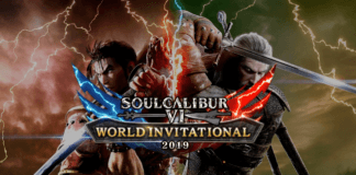L'affiche du tournoi SoulCalibur VI World Invitational 2019 avec les personnages Mitsurugi et Geralt de Riv