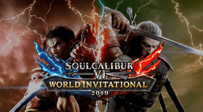 L'affiche du tournoi SoulCalibur VI World Invitational 2019 avec les personnages Mitsurugi et Geralt de Riv