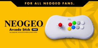 Le Neo Geo Arcade Stick Pro sur fond jaune