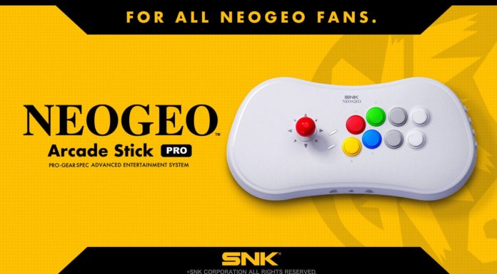Le Neo Geo Arcade Stick Pro sur fond jaune