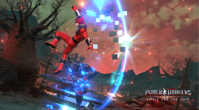 Le personnage en DLC Eric Myers de Power Rangers: Battle for the Grid qui donne en coup d'épée en l'air