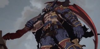 Le personnage de Granblue Fantasy: Versus Vaseraga portant sa faux sur son épaule droite