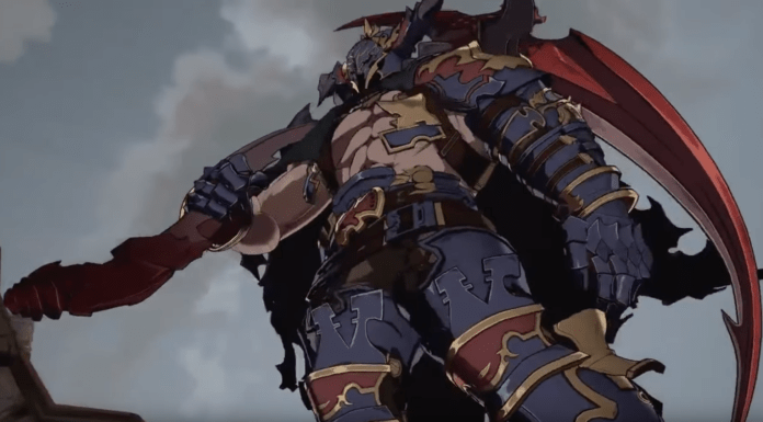 Le personnage de Granblue Fantasy: Versus Vaseraga portant sa faux sur son épaule droite