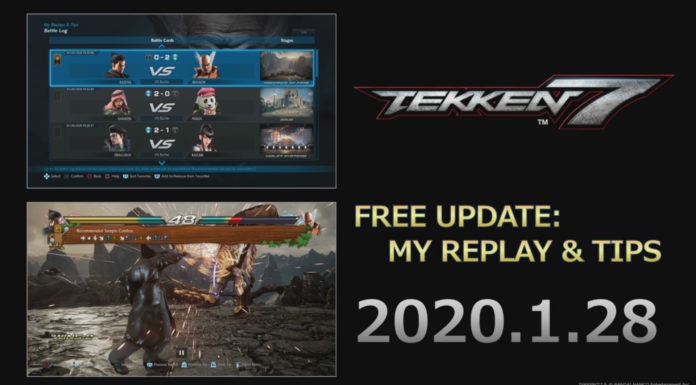 Image de Tekken 7 à l'EVO Japan 2020 présentant la future mise à jour du 28 janvier incluant la fonctionnalité My Replay & Tips