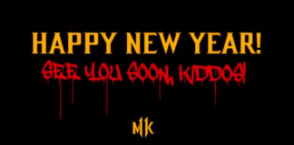 Le texte « happy new year! see you soon kiddos! » écrit en jaune et rouge avec le logode Mortal Kombat 11 en bas