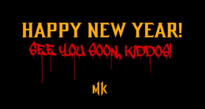 Le texte « happy new year! see you soon kiddos! » écrit en jaune et rouge avec le logode Mortal Kombat 11 en bas