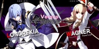 Les personnages d'Under Night In-Birth Exe:Late[cl-r] Londrekia et Wagner avec le terme versus au centre