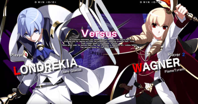 Les personnages d'Under Night In-Birth Exe:Late[cl-r] Londrekia et Wagner avec le terme versus au centre