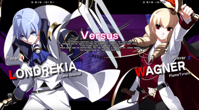 Les personnages d'Under Night In-Birth Exe:Late[cl-r] Londrekia et Wagner avec le terme versus au centre