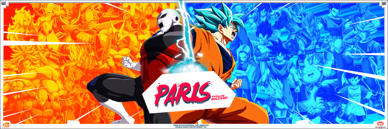 L'affiche des Dragon Ball FighterZ World Tour Finals avec à droite Goku Blue et à gauche Jiren