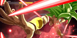 Le nouveau personnage de la saison 3 de Dragon Ball FighterZ Kefla en train de projeter des rayons avec les bras écartés.