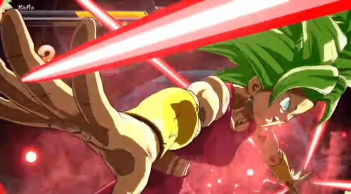 Le nouveau personnage de la saison 3 de Dragon Ball FighterZ Kefla en train de projeter des rayons avec les bras écartés.