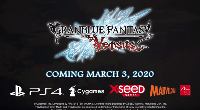 Le logo du jeu Granblue Fantasy Versus avec la date de sortie américaine en dessous