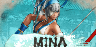 Le personnage additionnel de Samurai Shodown Mina Majikina prenant la pose avec son arc sur un fond bleu turquoise