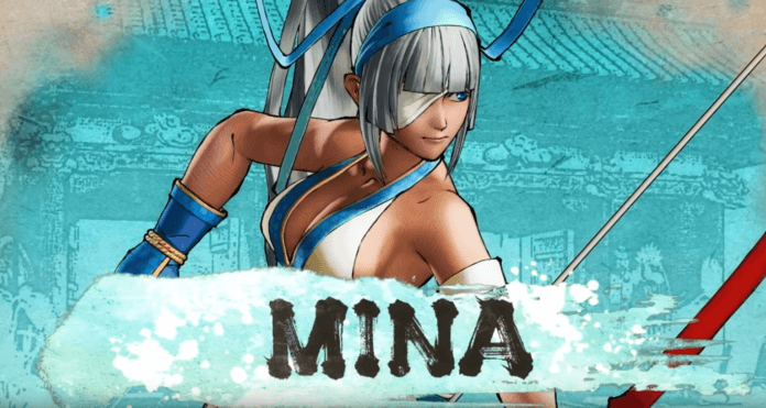 Le personnage additionnel de Samurai Shodown Mina Majikina prenant la pose avec son arc sur un fond bleu turquoise