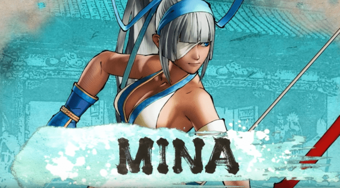 Le personnage additionnel de Samurai Shodown Mina Majikina prenant la pose avec son arc sur un fond bleu turquoise