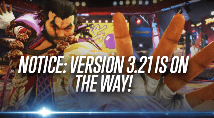 Un message annonçant en anglais que la version 3.21 de Tekken 7 est en chemin