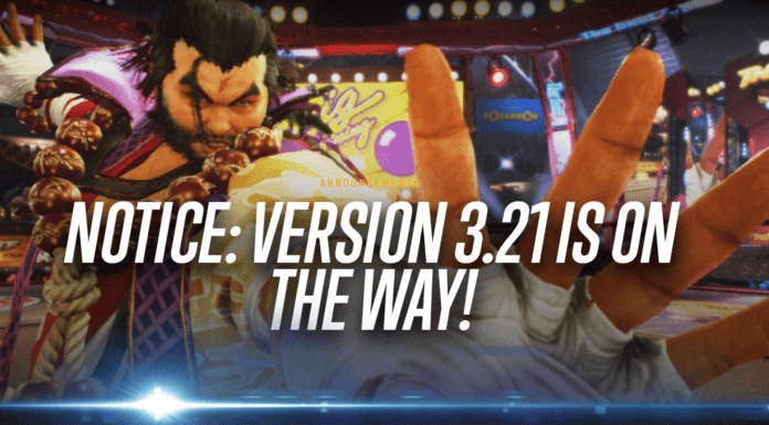 Un message annonçant en anglais que la version 3.21 de Tekken 7 est en chemin