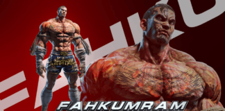 Le DLC Fahkumram de Tekken 7 sur fond rouge