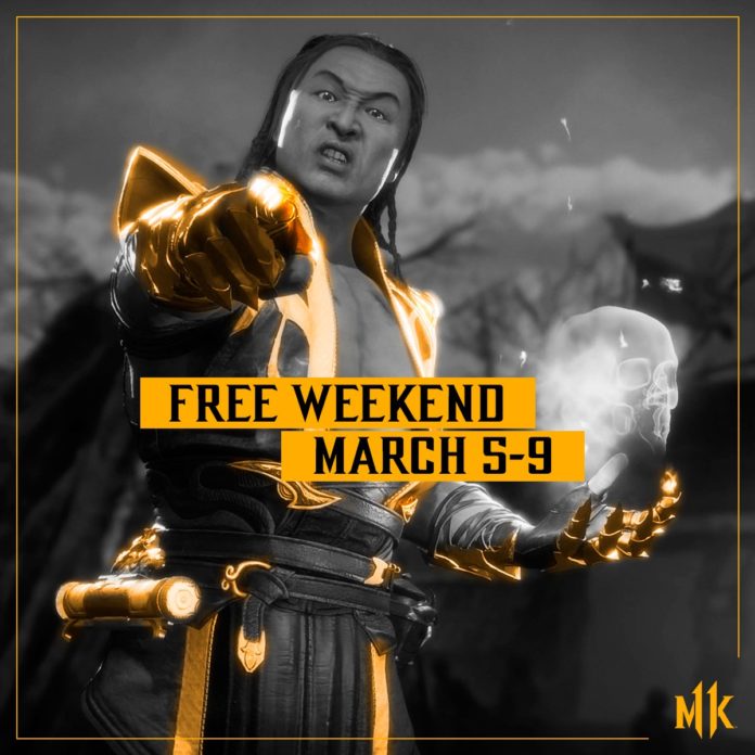 Un personnage de Mortal Kombat 11 pointant du doigt en diirection du spectateur afin d'annoncer le week-end gratuit