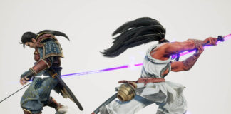 Le personnage Haohmaru de Samurai Shodown donnant un coup de sabre à Mitsurugi de SoulCalibur VI pour illustrer les notes de patch de la maj 2.10