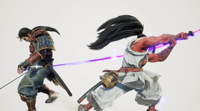 Le personnage Haohmaru de Samurai Shodown donnant un coup de sabre à Mitsurugi de SoulCalibur VI pour illustrer les notes de patch de la maj 2.10