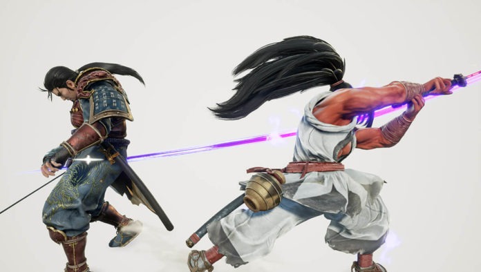 Le personnage Haohmaru de Samurai Shodown donnant un coup de sabre à Mitsurugi de SoulCalibur VI pour illustrer les notes de patch de la maj 2.10