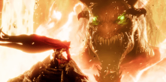 Le personnage additionnel de Mortal Kombat 11 Spawn agenouillé devant un monstre énorme ouvrant grand la gueule