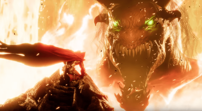 Le personnage additionnel de Mortal Kombat 11 Spawn agenouillé devant un monstre énorme ouvrant grand la gueule