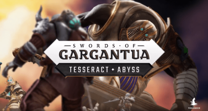 Un chevalier face à un géant armé d'une épée, avec le logo de Swords of Gargantua