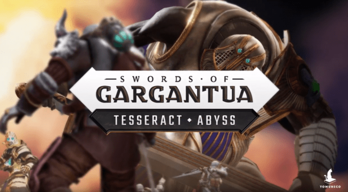 Un chevalier face à un géant armé d'une épée, avec le logo de Swords of Gargantua