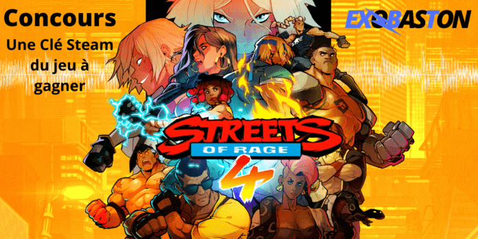 Le logo de Streets of Rage 4 avec la mention concours pour une clé sur steam